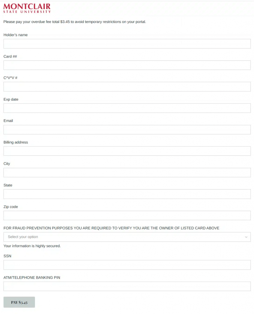 Screenshot of the phishing website utilized to gather personal information related to the refund phish.