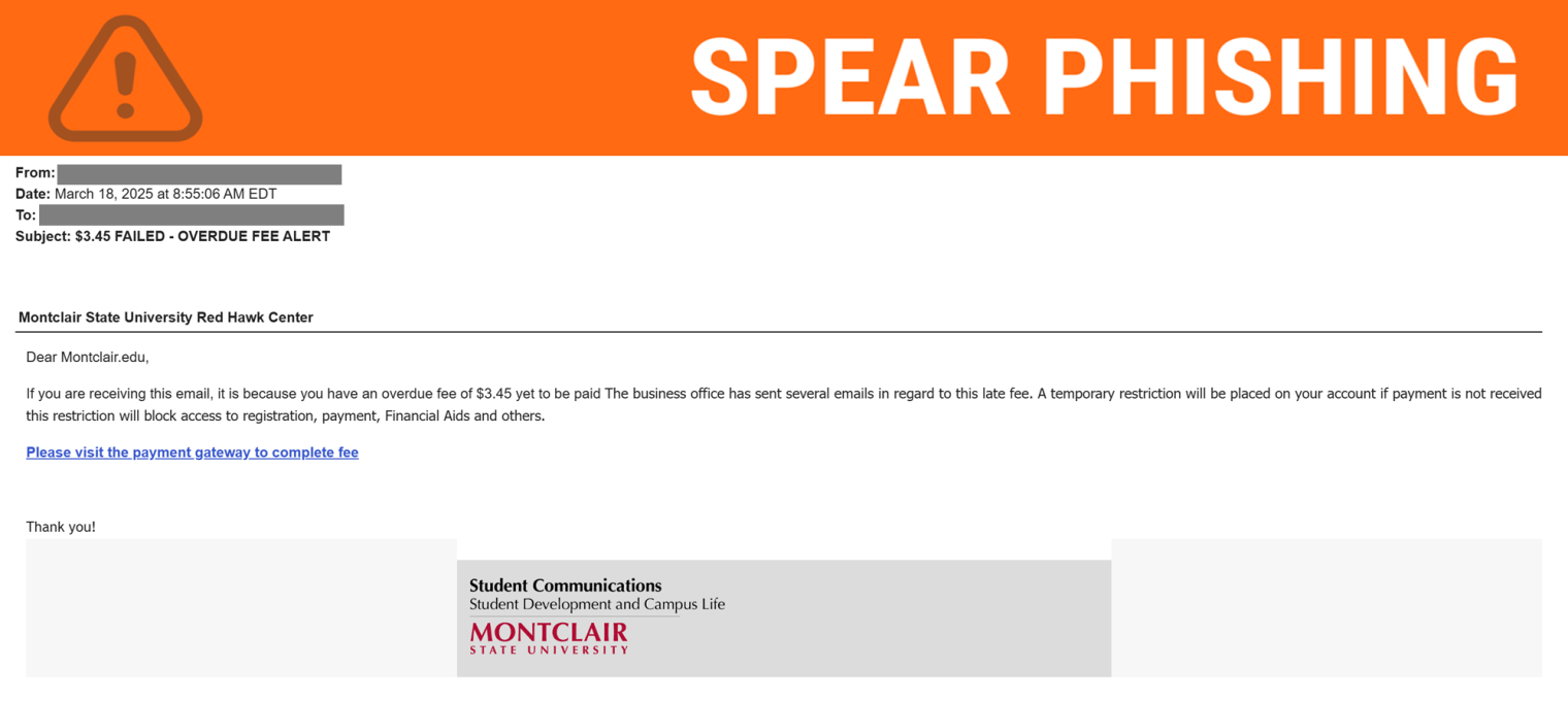 Screenshot of fake overdue fee alert email.