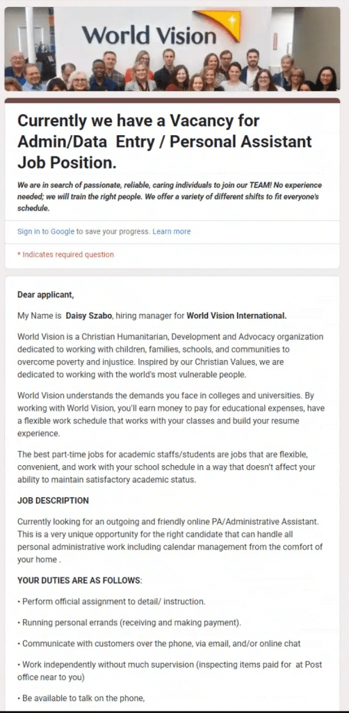 Screenshot of the phishing Google Form utilized in the fake job offer scam.