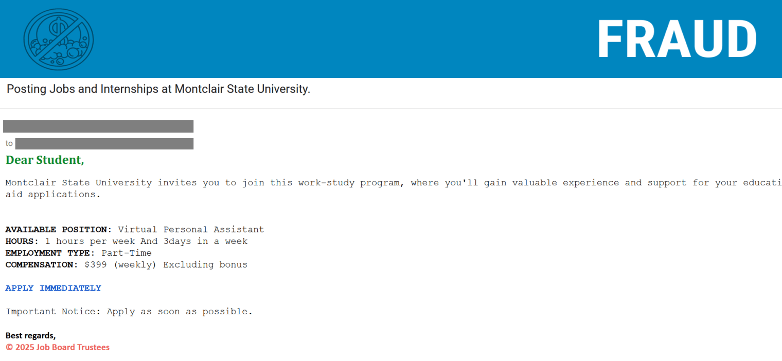Screenshot of a phishing email posing as a job/internship offer.