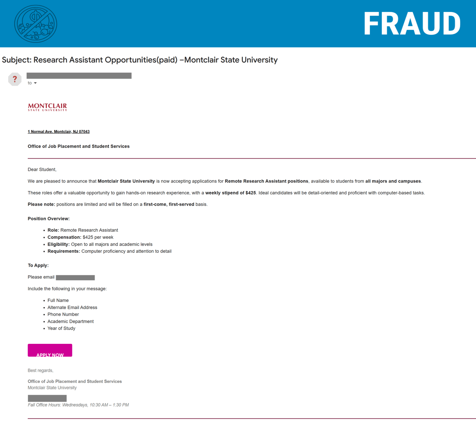 Screenshot of a phishing email for a fake job offer.