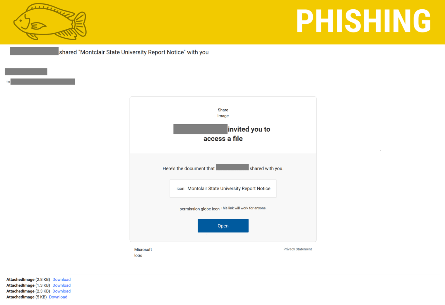 Screenshot of phishing email posing as Montclair sharing a file.