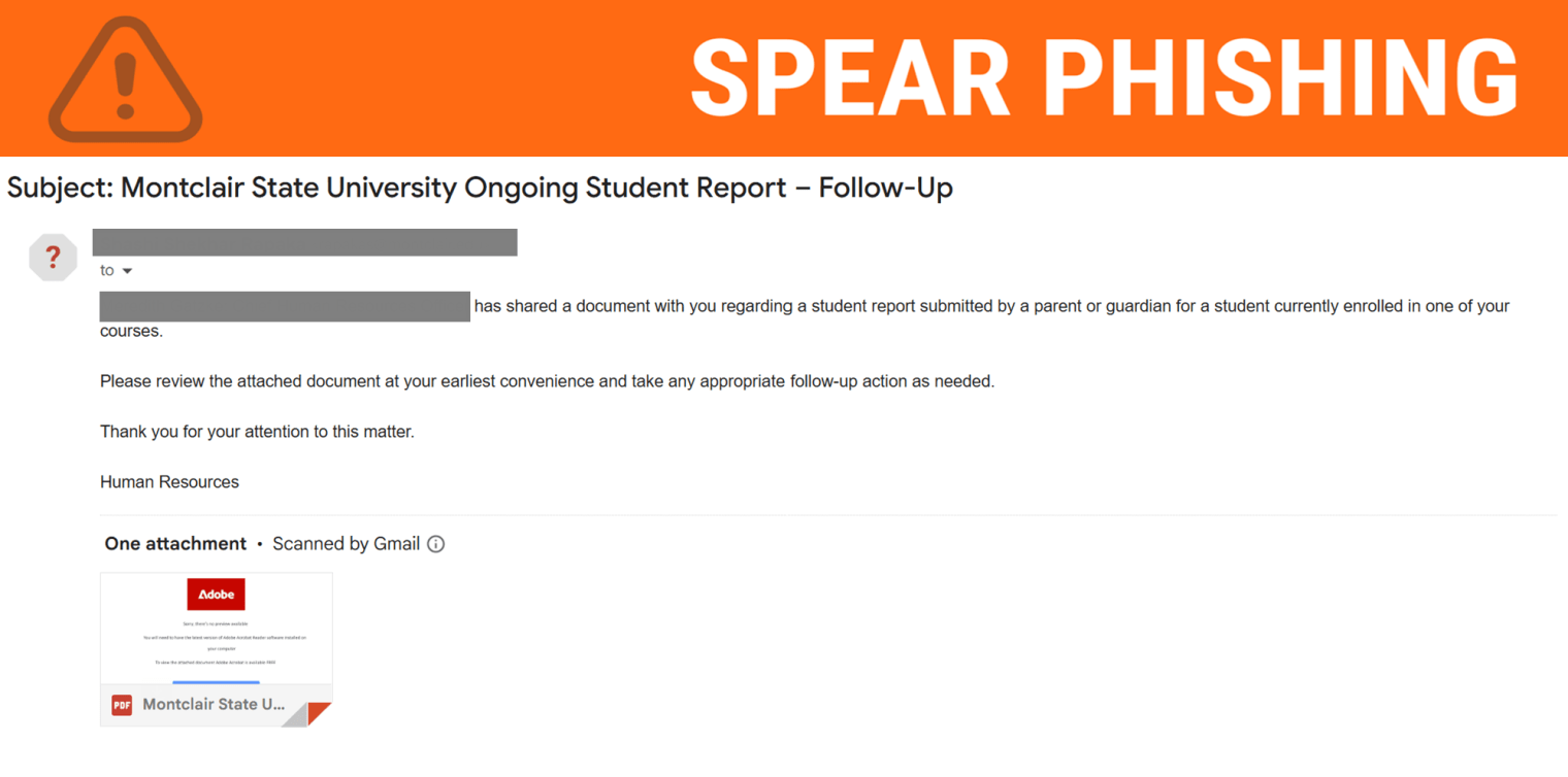 Screenshot of a phish about a student report