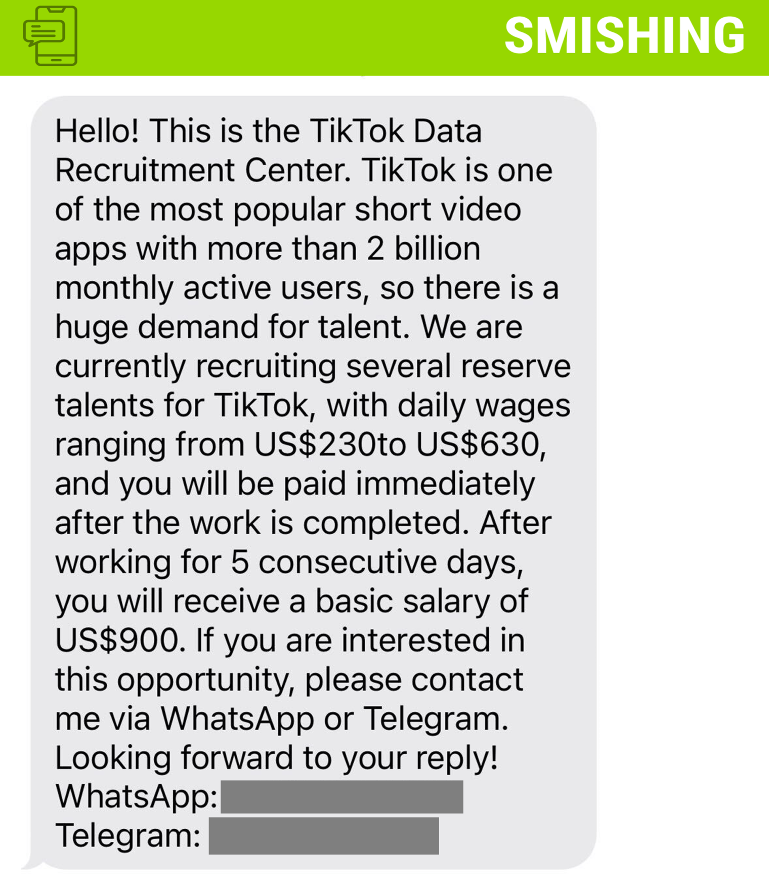 Screenshot of a phishing text posing as a job offer for TikTok.