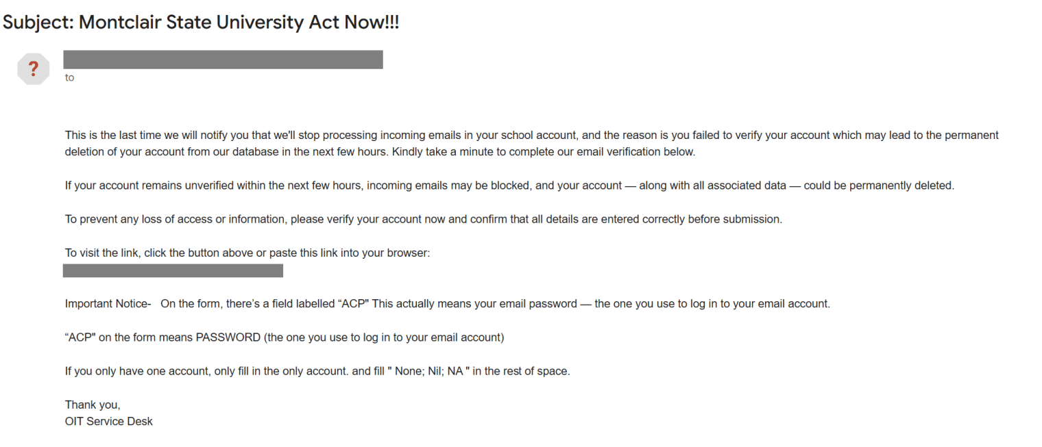 Screenshot of phishing email sent prior to text message to gather information