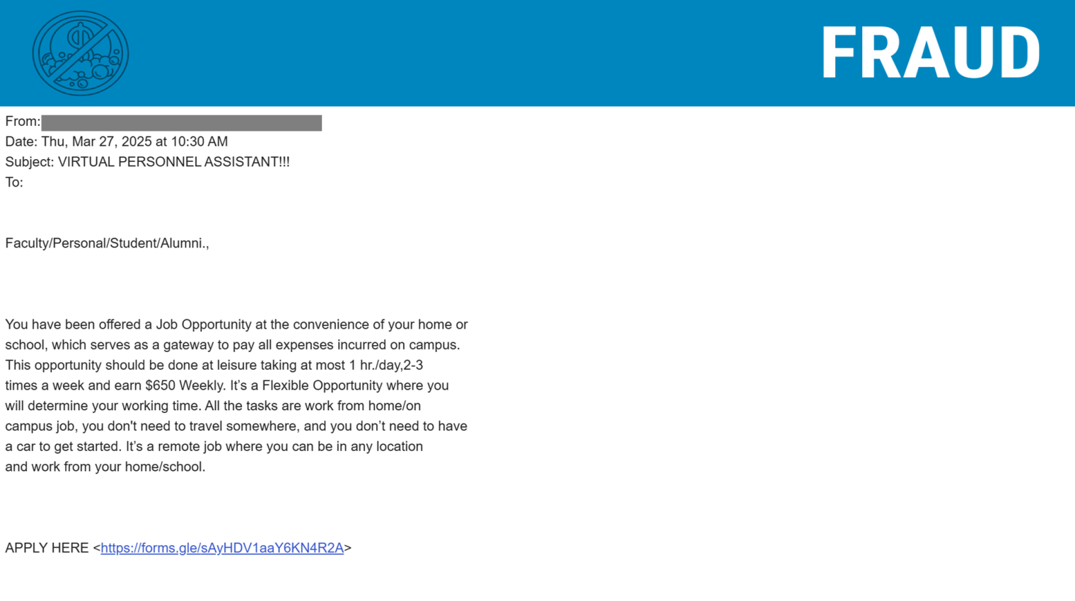 Screenshot of a phishing email posing as a fake job offer.