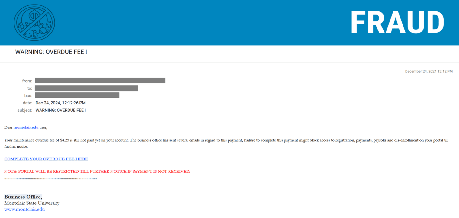 Screenshot of a phishing email posing as an overdue fee.