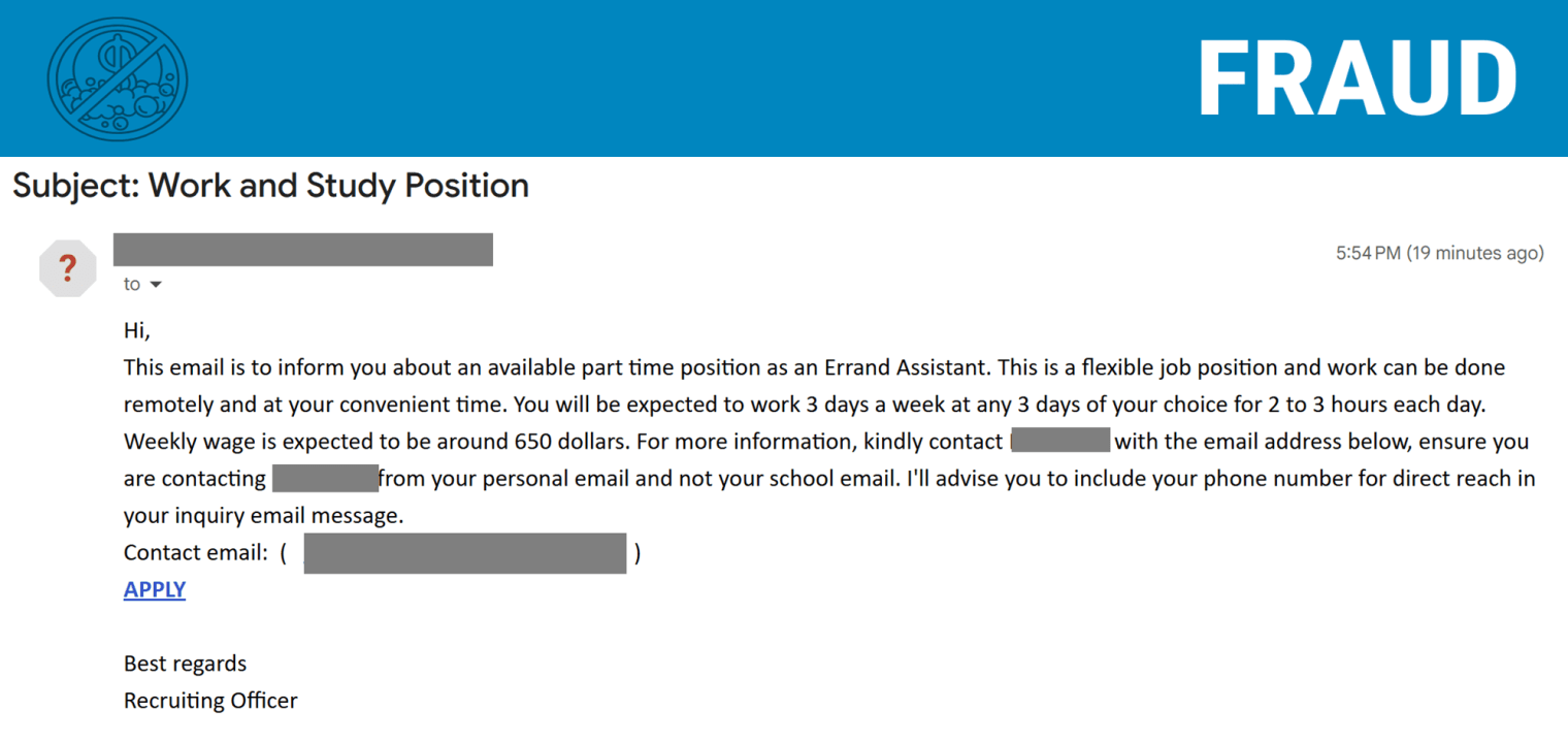 Screenshot of a phishing email posing as a job offer.