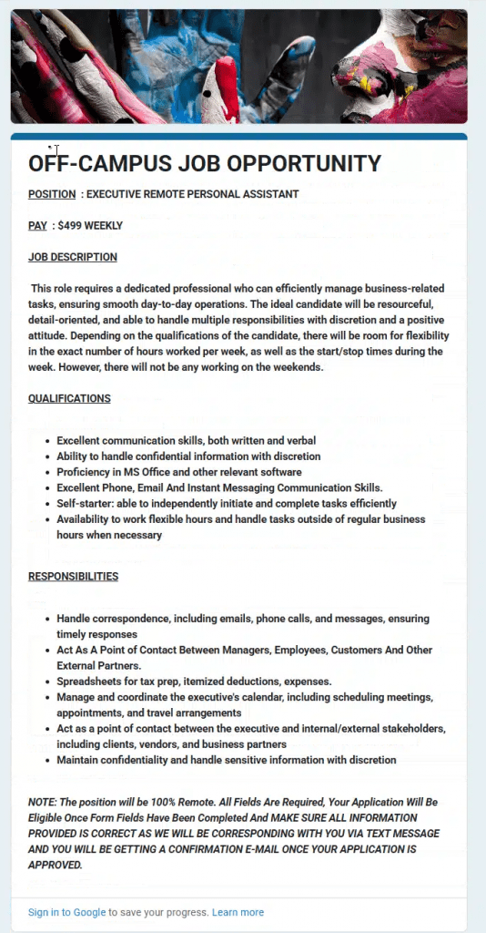 Screenshot of a Google Form related to a phishing attack posing as a job offer.