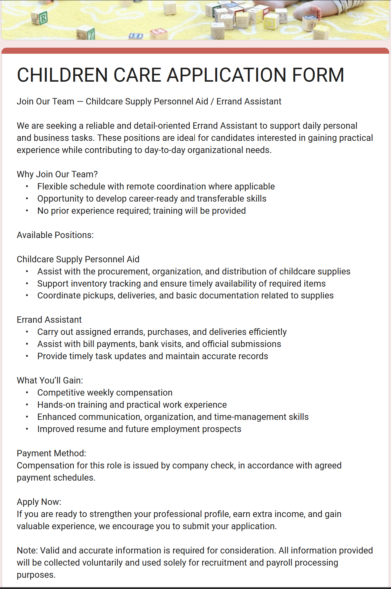 Screenshot of a phishing form for a fake child care job offer.
