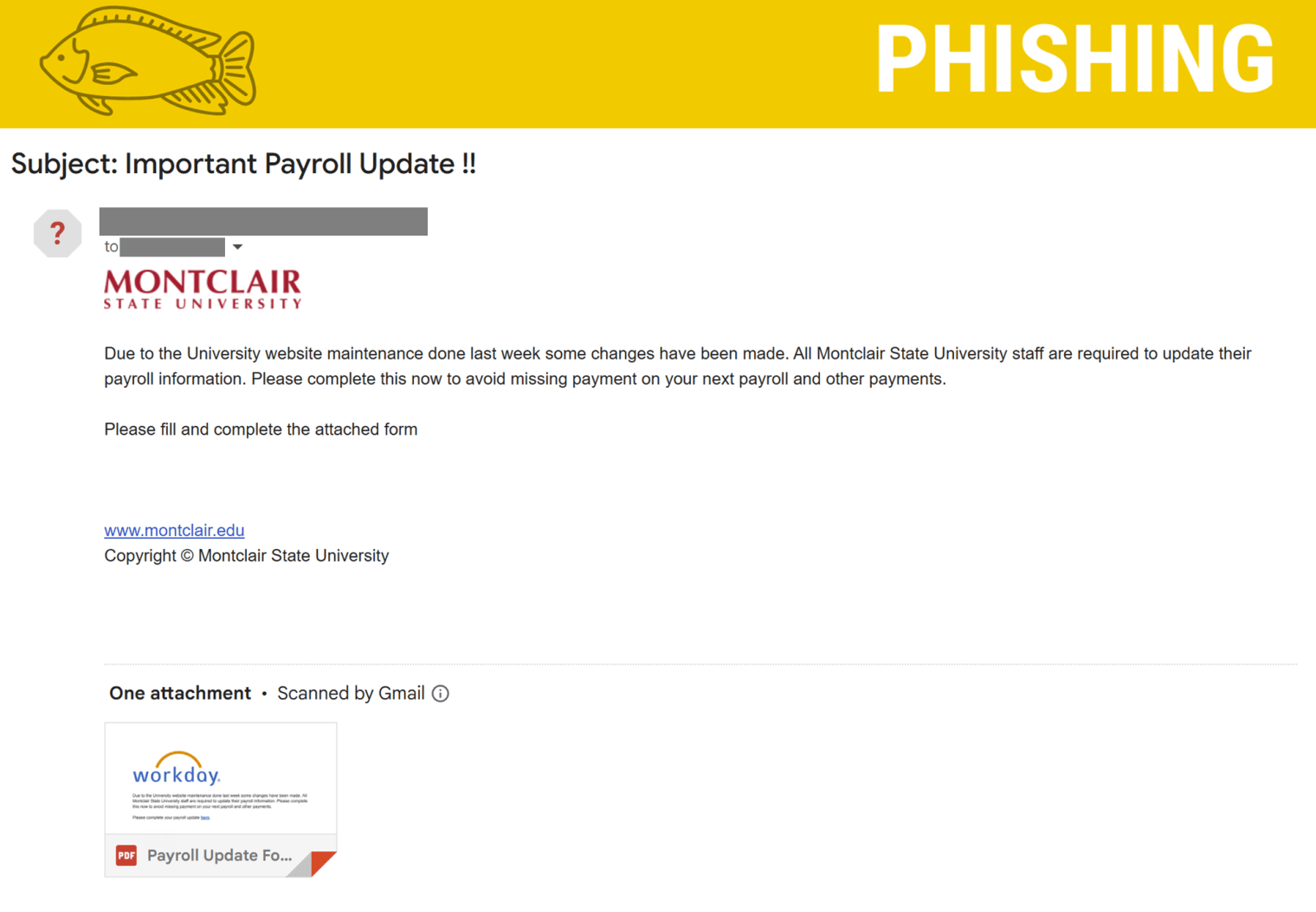 Screenshot of a phishing email posing as Payroll for updates.