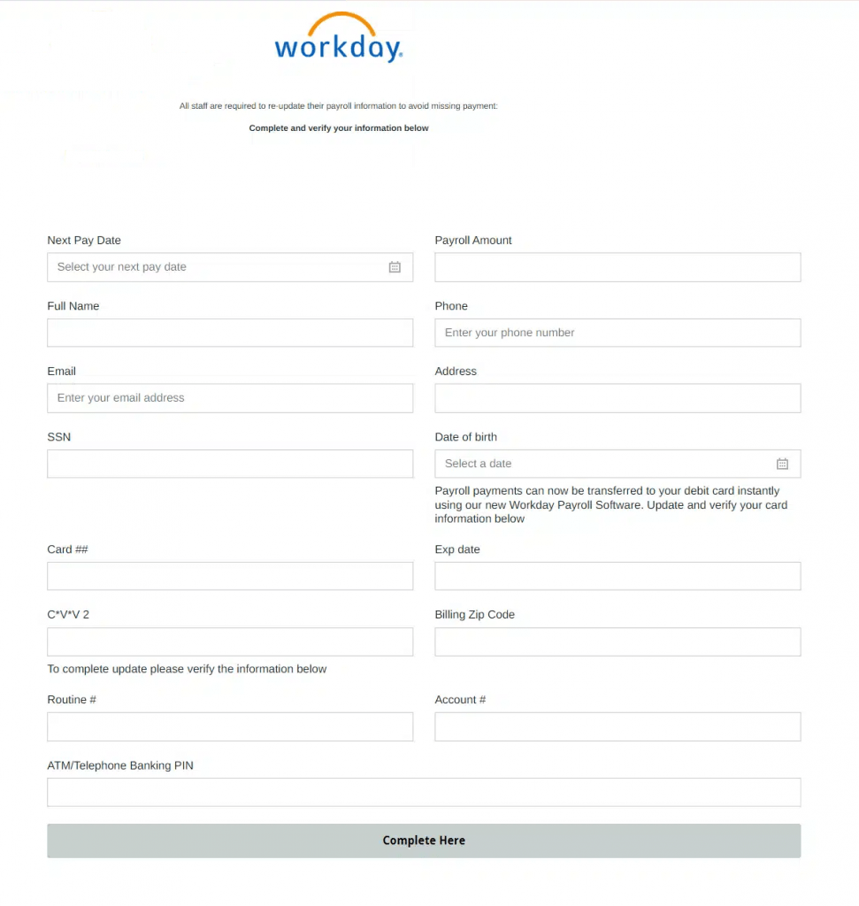 Screenshot of phishing website associated with Workday asking for personal information.