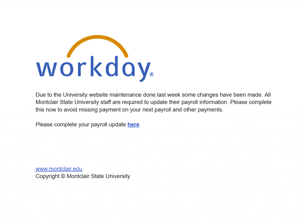 Screenshot of the phishing email posing as Workday with their logo.