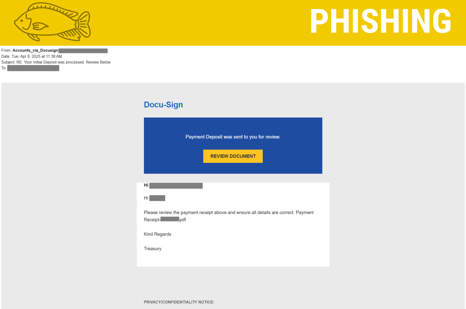 Screenshot of phish posing as a payment via a DocuSign email.