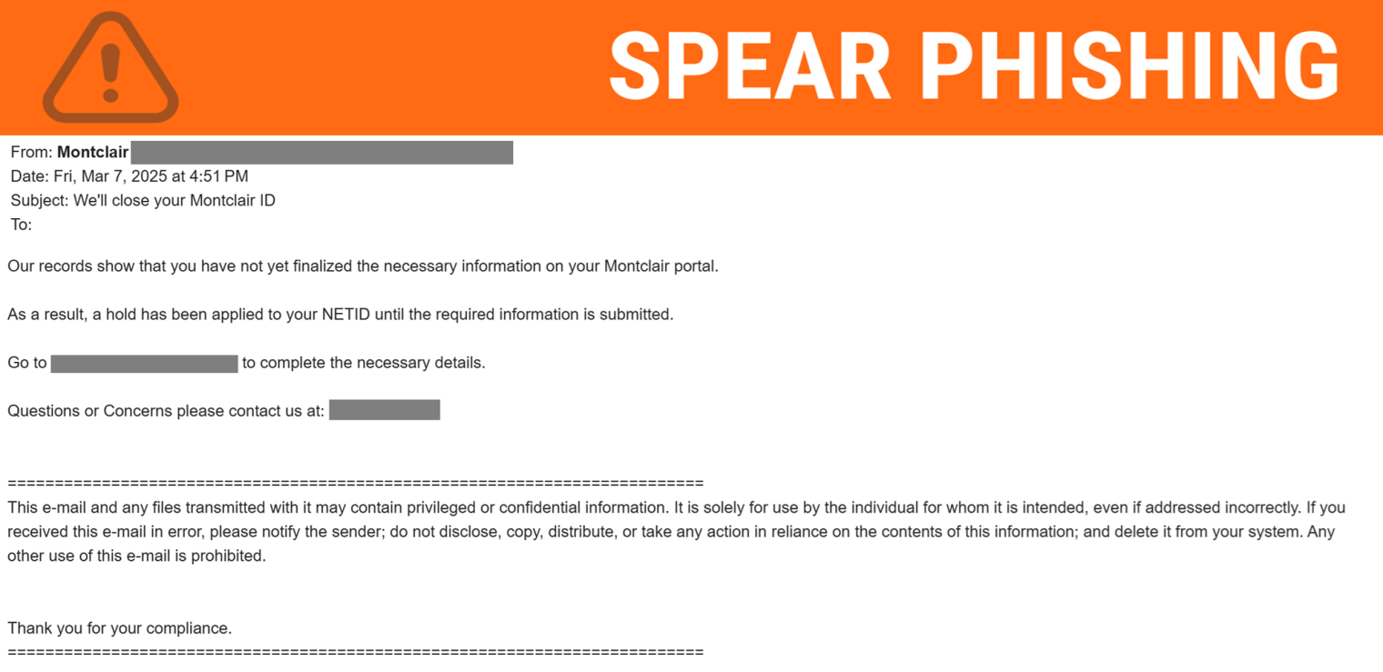 Screenshot of phishing email stating a Montclair email address has been halted.