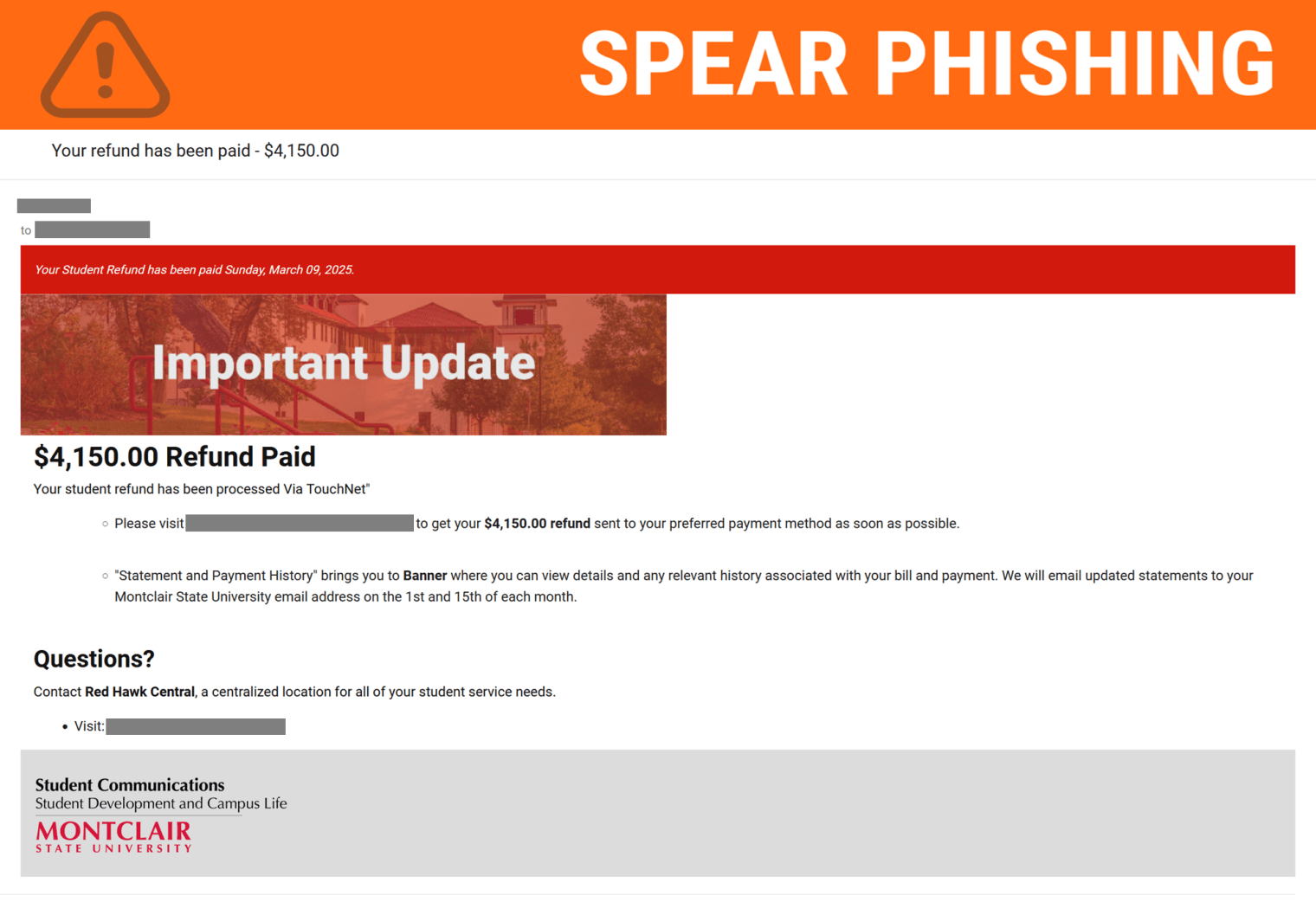 Screenshot of phishing email posing as Student Communications about a refund.