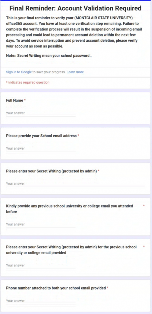Screenshot of a Google Form being utilized for a phishing attack posing as an account deletion.