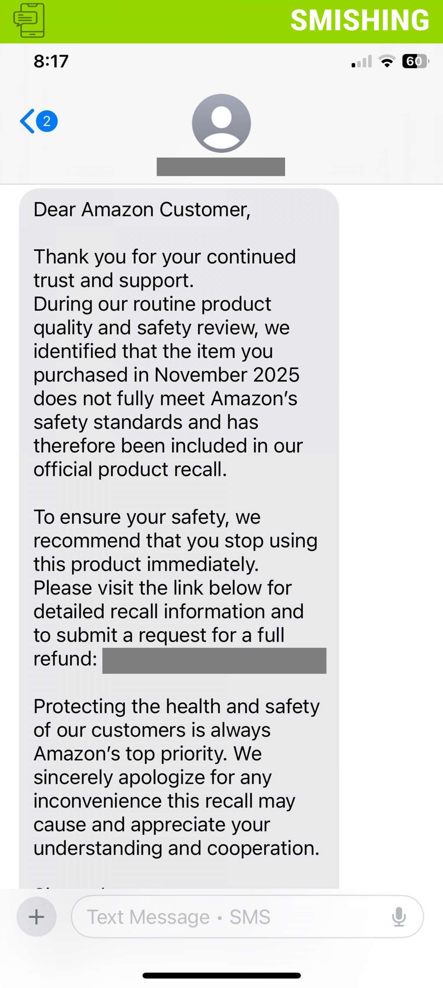 Screenshot of text phish for Amazon.