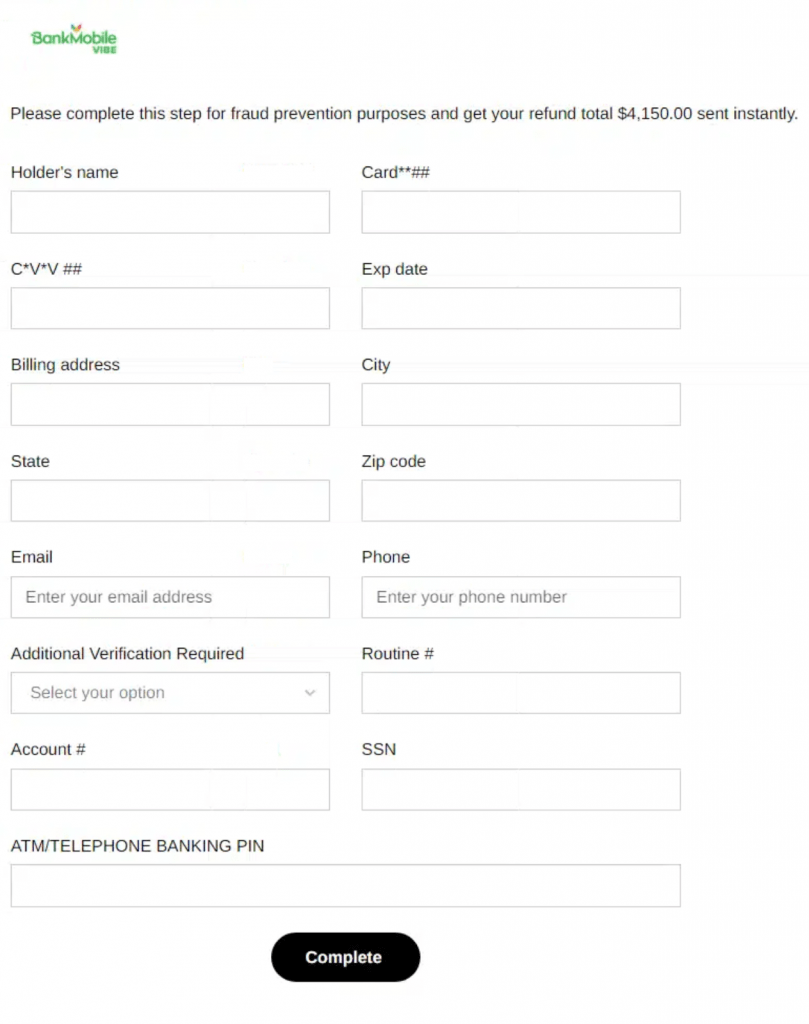 Screenshot of phishing page related to the refund scam asking for personal banking information.