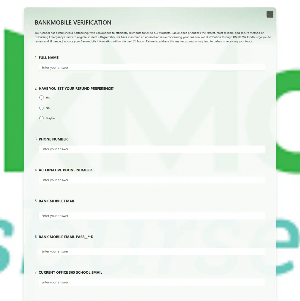 Screenshot of the BankMobile phish page utilized to gather data.