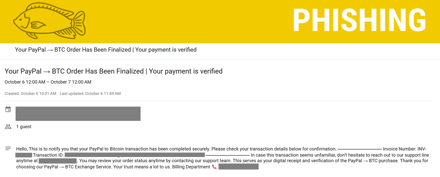 Screenshot of a phishing Gcal invite.