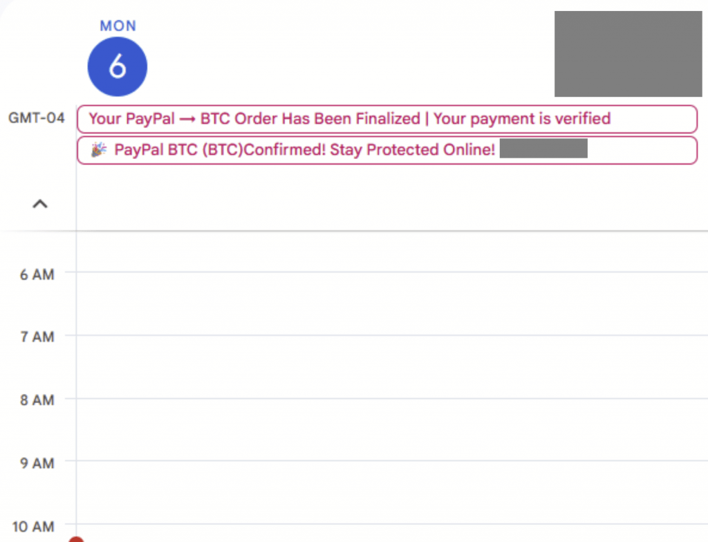 Screenshot of the Gcal phish invite in Google.