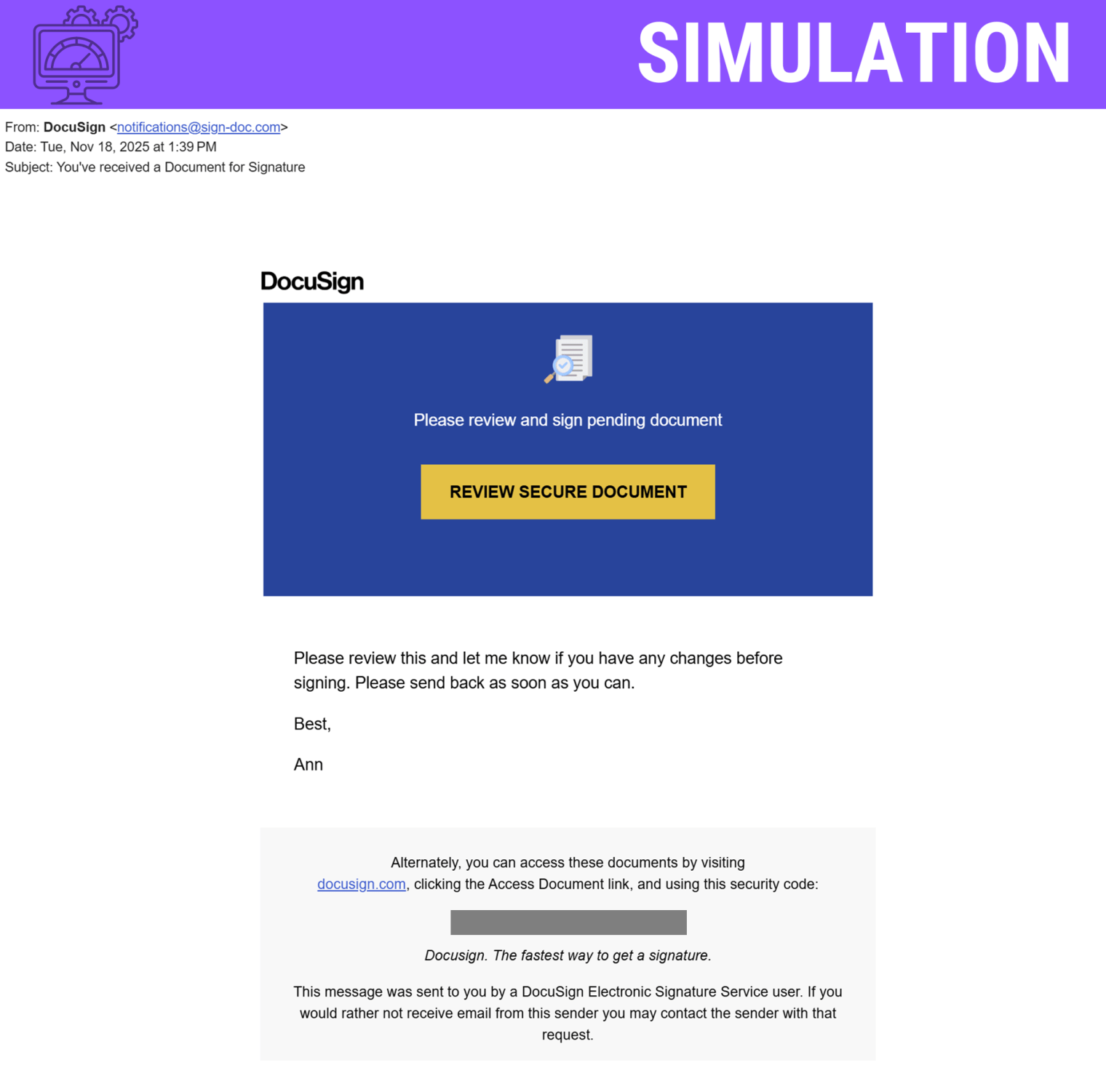 Screenshot of a phishing simulation from IT posing as DocuSign.