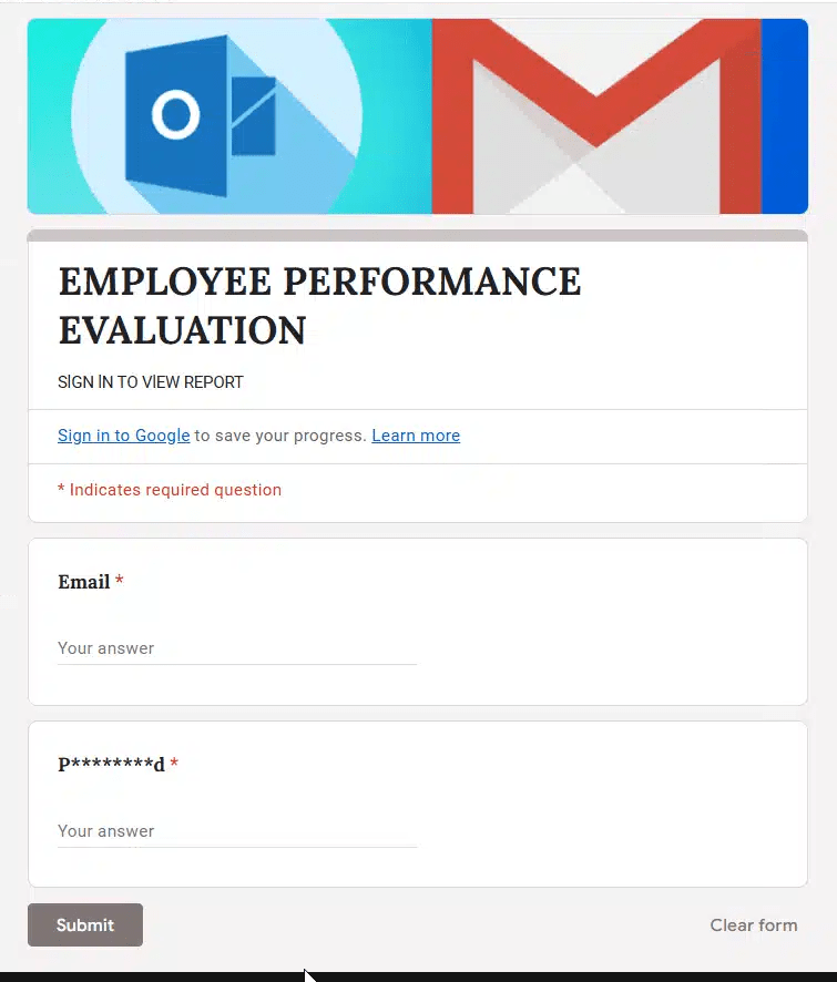 Screenshot of form for fake employee evaluation asking for email and password.