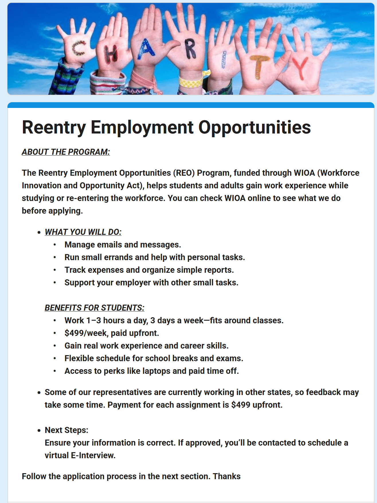 Screenshot of form being utilized for a fake job