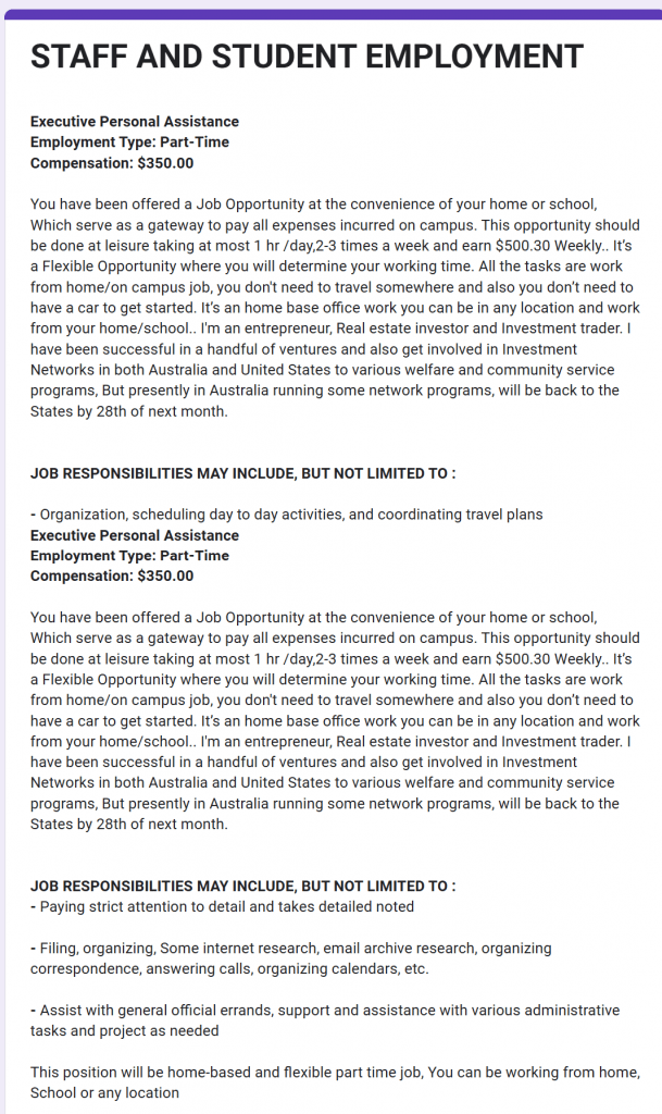 Screenshot of form that was provided via job offer scam.