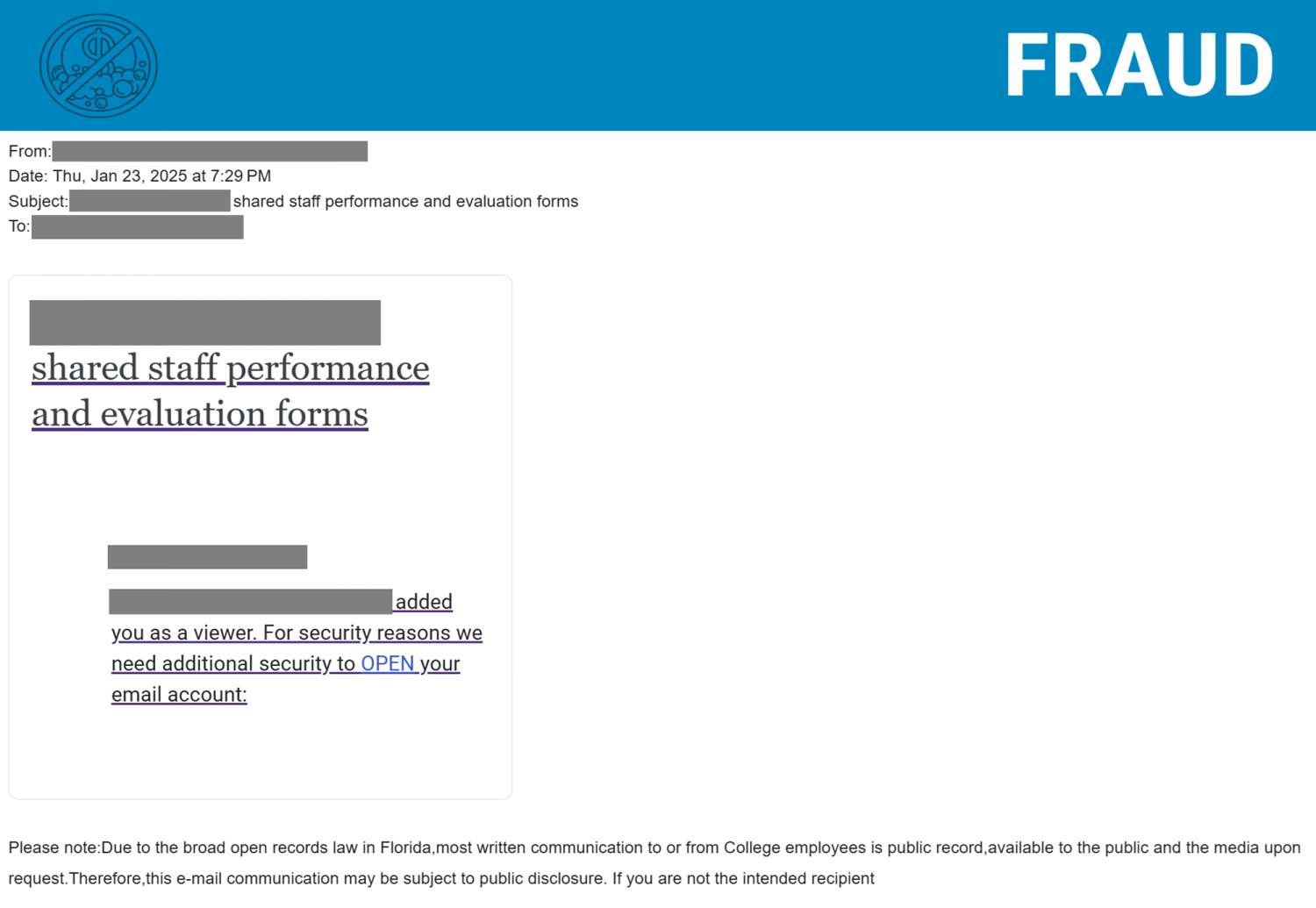 Screenshot of a phishing email posing as a staff evaluation form.