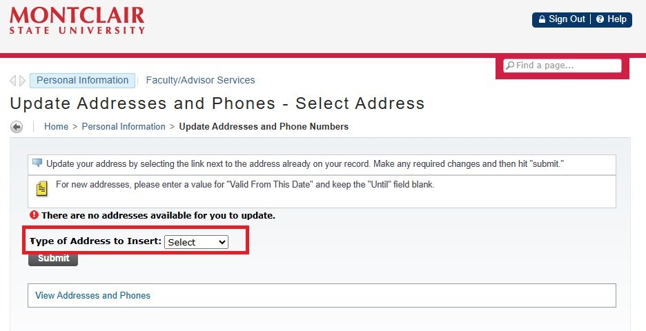 A screenshot of the NEST portal highlighting the address selection dropdown menu.