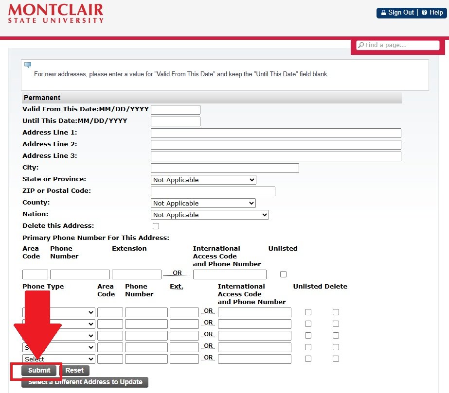 A screenshot of the NEST portal address page with an arrow pointing to the submit button.