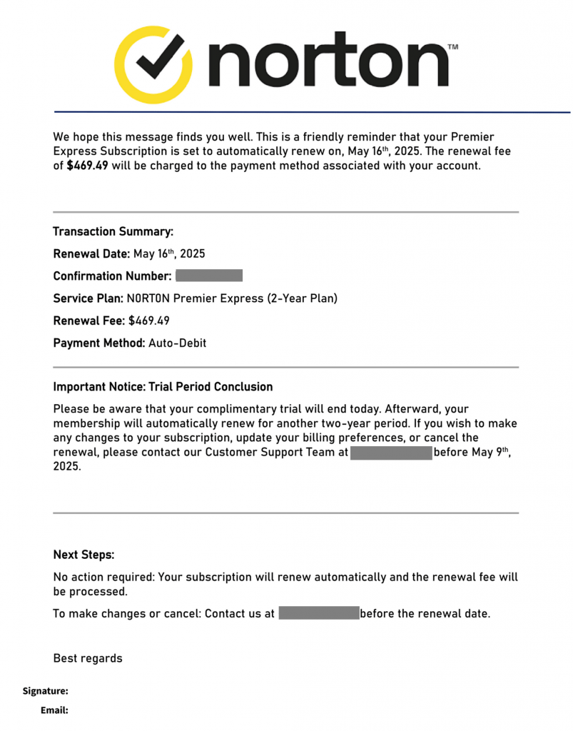 Screenshot of a phishing receipt for Norton.