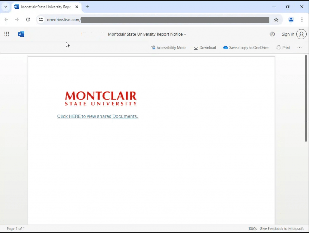 Screenshot of document shared via the shared document phish.