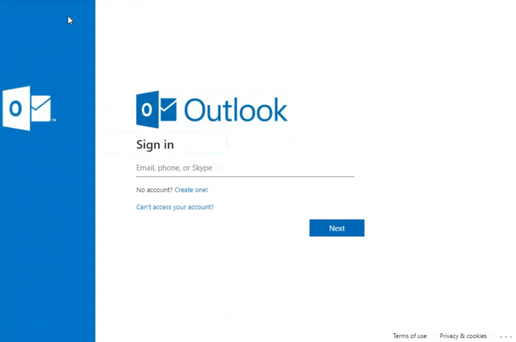 Screenshot of the fake login page for Outlook regarding the shared document phish.