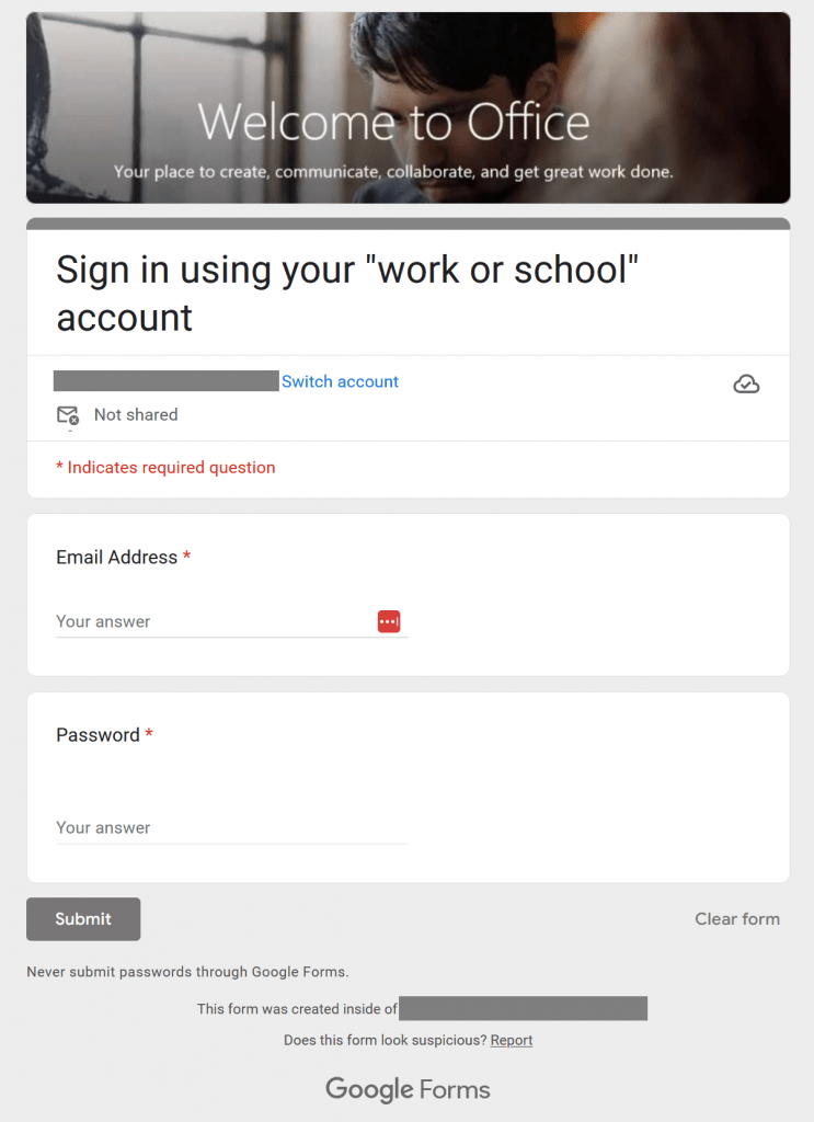 Screenshot of the Google Form associated with the benefits phish.