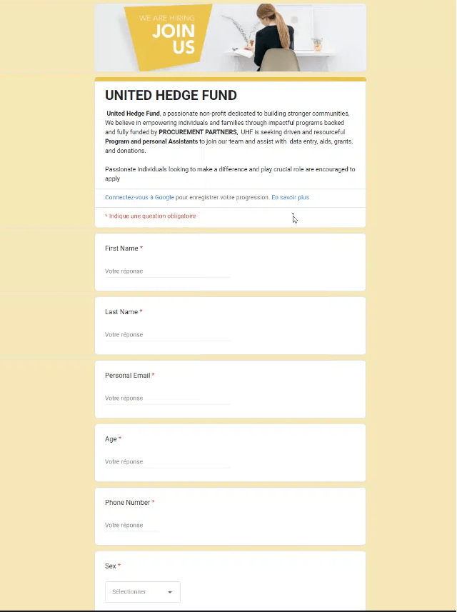Screenshot of a Google Form being utilized to collect information for fake job.