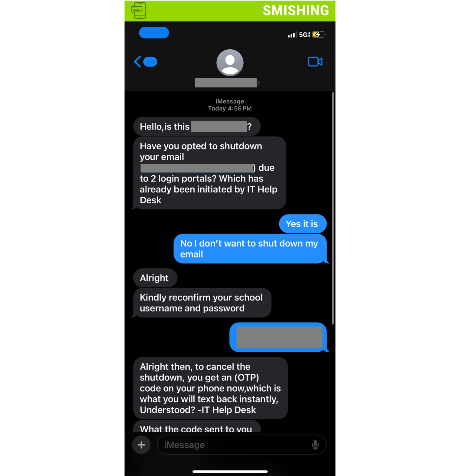 Screenshot of a text message conversation from an attacker posing as IT