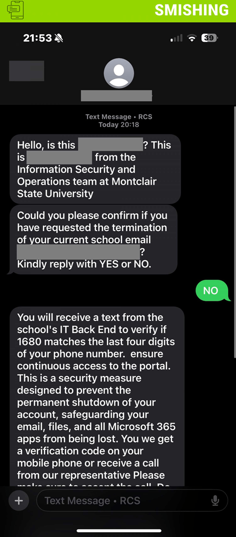 Screenshot of a text message related to a fake IT phishing attack.