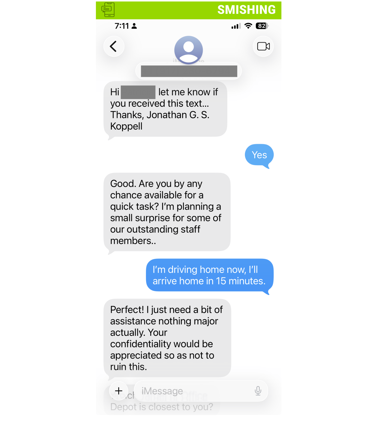 Screenshot of a phishing text posing as President Koppell.
