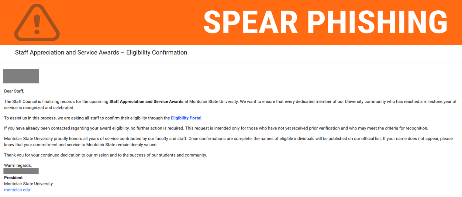 Screenshot of a phish regarding a Staff Appreciation Award.
