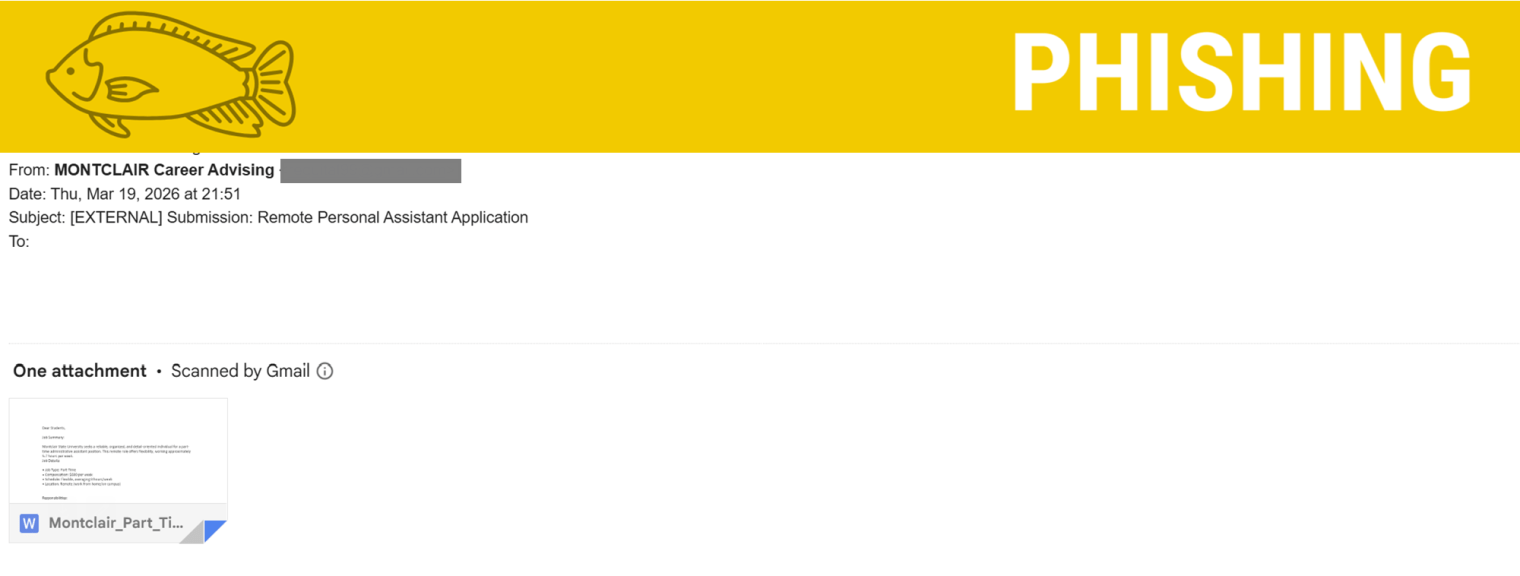 Screenshot of a phish containing an attachment posing as a job offer