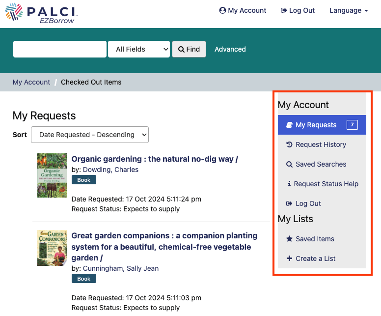 ezborrow search results with arrow pointing to my account