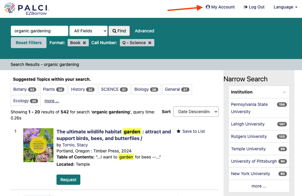 ezborrow search results with my account navigation highlighted