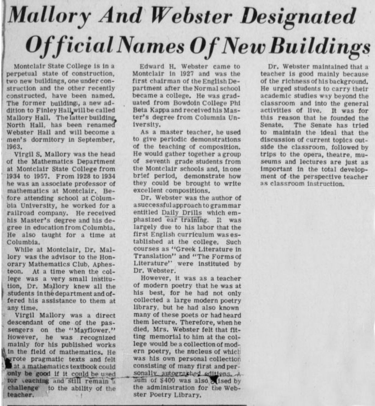 A headline about the naming of Webster Hall in a 1963 issue of the Montclarion