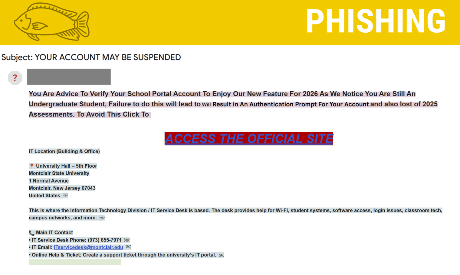 Screenshot of a phish posing as IT regarding account suspension.
