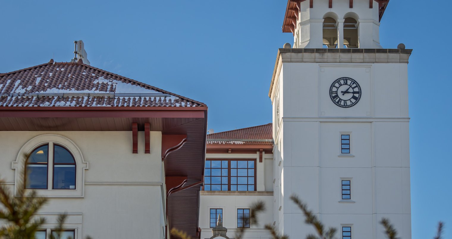 University Hall tower with snow on roof