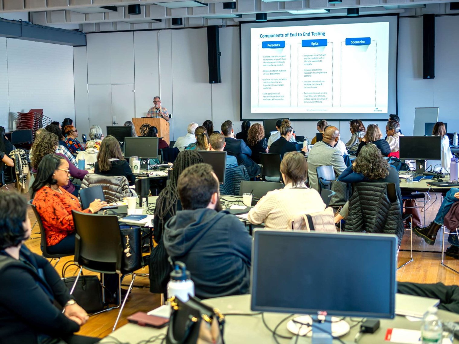 A large group of Montclair State University IT and project team members posing together at the 3-day onsite event for Workday Student End-to-End testing.