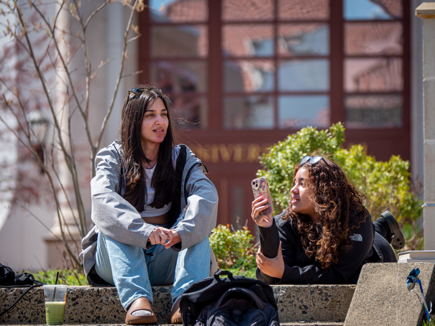 students talking on university hall steps